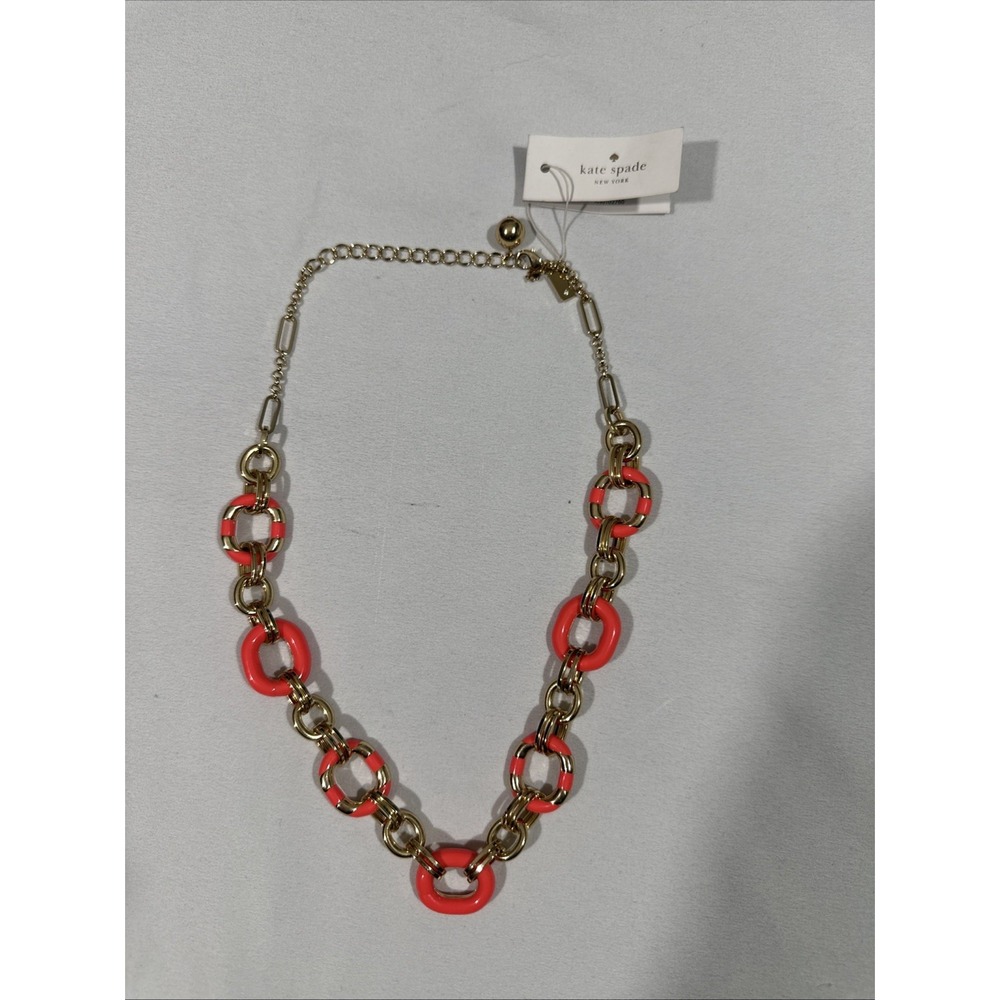 NWT Kate Spade Gold Chain and Rolo Link Necklace with Pink Enamel Striping T2188
